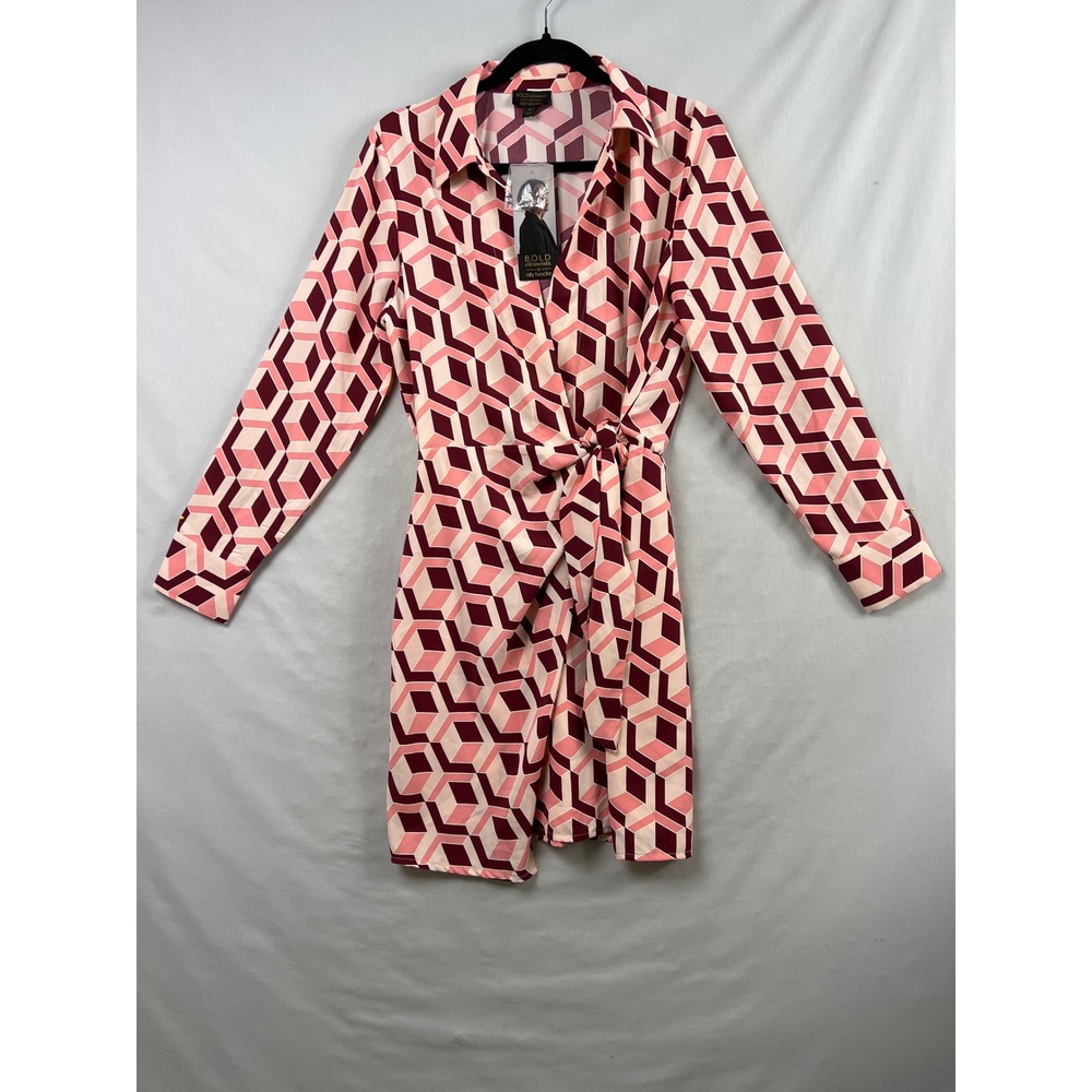 Bold Elements Ally Brooke Wrap Dress Womens Size M Pink Geo Print Long Sleeve